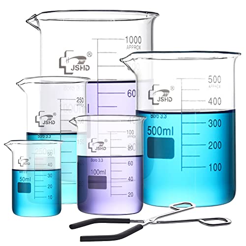 6PCS Glass Measuring Beaker Set with Steel Chromed Beaker Tongs, 50ml 100ml 250ml 500ml 1000ml Graduated Beakers, 3.3 Borosilicate Glass - size: 50ml 100ml 250ml 500ml 1000ml, style: Beakers+Tongs