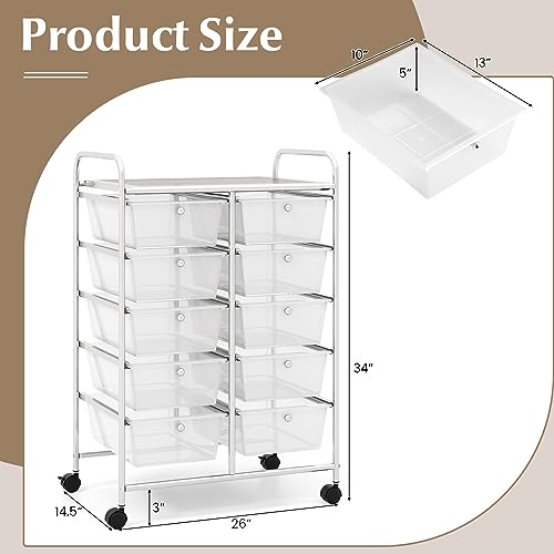 COSTWAY 10 Drawer Rolling Storage Cart, Utility Cart with Lockable Wheels - color: Transparent, size: 10 Drawer