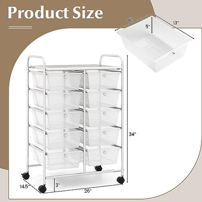 COSTWAY 10 Drawer Rolling Storage Cart, Utility Cart with Lockable Wheels - color: Transparent, size: 10 Drawer