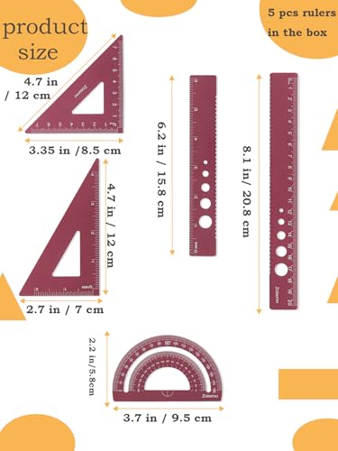 Metal Geometry Set, 5-piece Aluminum Ruler, Math Drafting Ruler Kit Includes Protractor, Triangle Rulers, Straight Rulers-Math Measurement Tools for School and Office Supplies (Plum Red) - color: Red