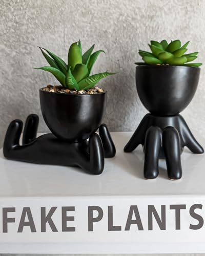 OLEEK Small fake plant office decor for women - blacks plants decor - office plants artificial - fake plants black - succulents fake plant for shelf decor - fake plants black pots for plants - Pot Set - size: (B) Black With Green