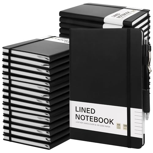 Aodaer 30 Set Lined Notebook Journals with Pens A5 Notebooks 100 GSM College Ruled Hardcover Notebook PU Leather Notepad with Pen Holder for Office School, 5.7 x 8.3 Inches, Black - color: Black