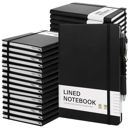 Aodaer 30 Set Lined Notebook Journals with Pens A5 Notebooks 100 GSM College Ruled Hardcover Notebook PU Leather Notepad with Pen Holder for Office School, 5.7 x 8.3 Inches, Black - color: Black