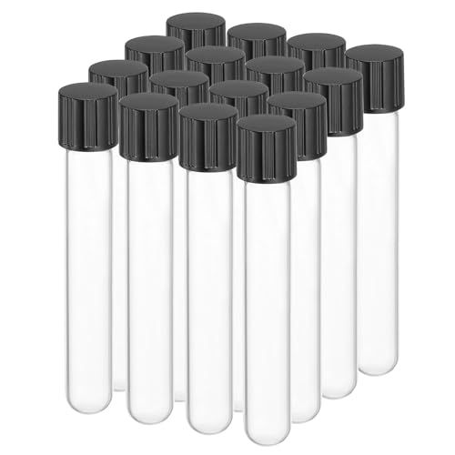 PATIKIL 13ml Test Tubes with Caps, 16pcs Glass Test Tubes Clear Round Bottom Test Tube Containers with Plastic Cap for Bead Candy Bath Salt Storage Scientific Experiment Plant, 15mmx100mm - size: 13ml