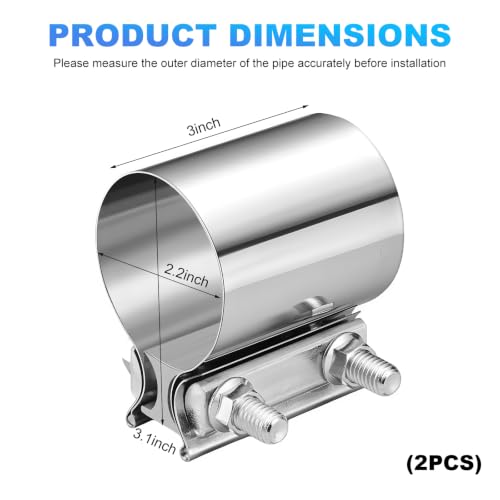 Exhaust Clamp, Stainless Steel Butt Joint Band Muffler Clamp with Nuts, Durable Butt Joint Exhaust Pipe Sleeve Coupler Replacement for Most Vehicles, Car Accessories (2.25“) - color: 2.25“, 1 Pcs