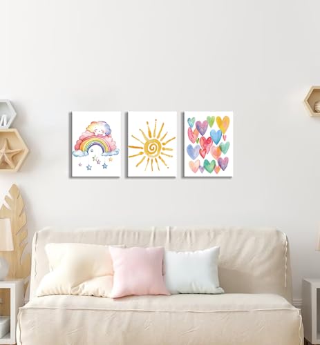 Rainbow Sun Heart Framed Canvas Wall Art,Pink Watercolor Decor 12x16in - color: 16x12inch (Framed)c