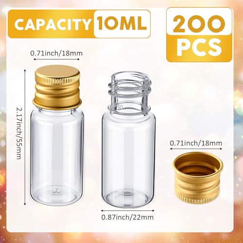 200 Pcs 10ml Mini Plastic Bottles Vials Tiny Jar with Aluminum Screw Lid Cap Clear Plastic Sample Container with Sealed Top Metal Lid for Cosmetic Essential Oil Specimen DIY Craft (Gold) - color: Gold