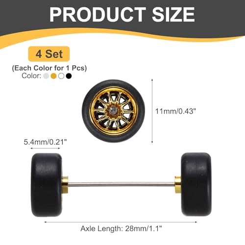 MECCANIXITY 4 Set 1/64 Wheels and Tires Set, Real Riders Rims Includes Axles for RC Diecast Car DIY Model, 10-Spoke Gold Silver Black White Rims 11 x 5.4mm