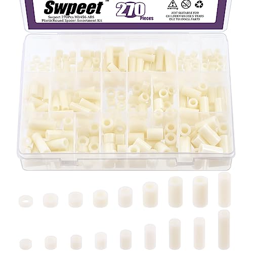 Swpeet 270Pcs 18 Sizes White Nylon Round Spacer Standoff Screw Nut Assortment Kit, Nylon ABS Plastic Standoff, Length 3mm 5mm 6mm 8mm 10mm 12mm 18mm 20mm 25mm for M3 M4 M5 M6 Screws Prototyping - color: White