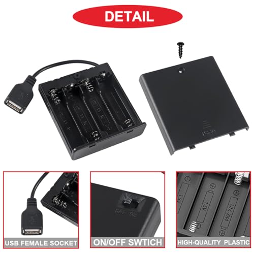 5 Pcs 4 AA Battery Holder, USB Female Socket, 4 x 1.5V AA Battery Box Holder with Cover (Batteries are not Included), ON/Off Switch, Screw,for Arduino RC LED Strip - color: N.4AA Battery Holder Cover With USB Female Socket