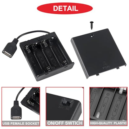 5 Pcs 4 AA Battery Holder, USB Female Socket, 4 x 1.5V AA Battery Box Holder with Cover (Batteries are not Included), ON/Off Switch, Screw,for Arduino RC LED Strip - color: N.4AA Battery Holder Cover With USB Female Socket