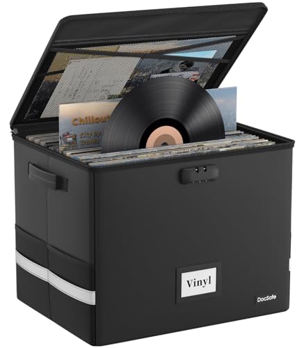 DocSafe Fireproof Vinyl Record Storage Box with Lock,Large Record Organizer Storage for 150+ Single Records,Collapsible Storage Crate with Lid&Handles for Valuable Album Collection,16.1''x13''x13'' - color: Black, size: 16.1"x13"x13"