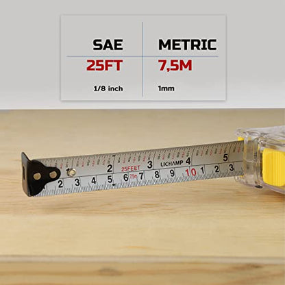 Lichamp 6 Pack 25FT/7.5M SAE/Metric Tape Measure Retractable EasyRead 1/8in
