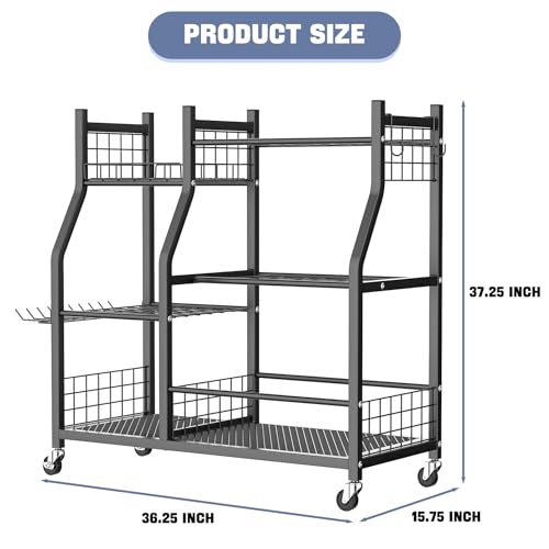 WALMANN Garden Tool Organizer with Wheels, Rakes/Shovels/Yard Tools Stand - size: 36.25 inch L
