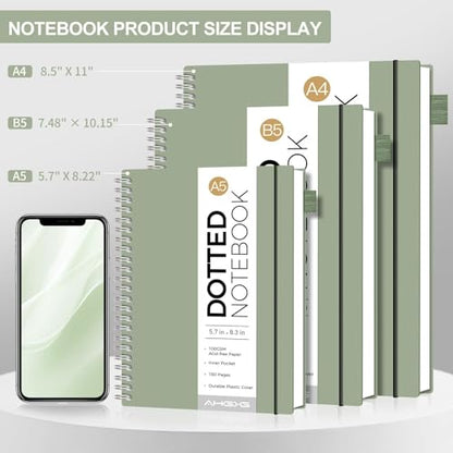 AHGXG Dotted Journal, Grid Spiral Notebook, 140 Pages, B5 (7.6" x 10") - color: Sage Green, style: B5-Dotted