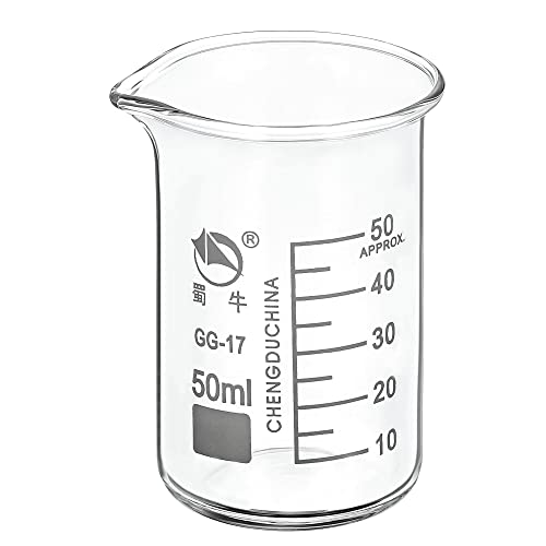 PATIKIL 50ml Tall Form Glass Beaker, 3.3 Borosilicate Glass Graduated Printed Scale Measuring Cups with Spout for Kitchen Lab Liquids Transit Boiling - size: 50ml