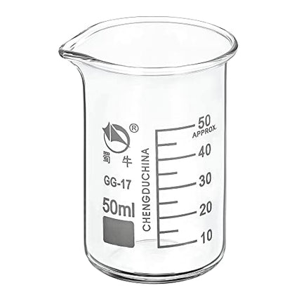 PATIKIL 50ml Tall Form Glass Beaker, 3.3 Borosilicate Glass Graduated Printed Scale Measuring Cups with Spout for Kitchen Lab Liquids Transit Boiling - size: 50ml