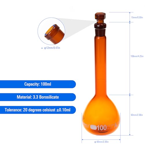 2PCS 100ML Volumetric Flask, Class A, Glass Stopper for Laboratory - color: Amber Glass, size: 100ML