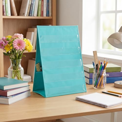 Tabletop Pocket Chart 13 x 17 Inch 600d Oxford Fabric Double Sided Pocket Chart Stand with 5 Straps Foldable Organizer Sticker Display Stand for Classroom, Home, Office(Aqua Green) - color: Aqua Green