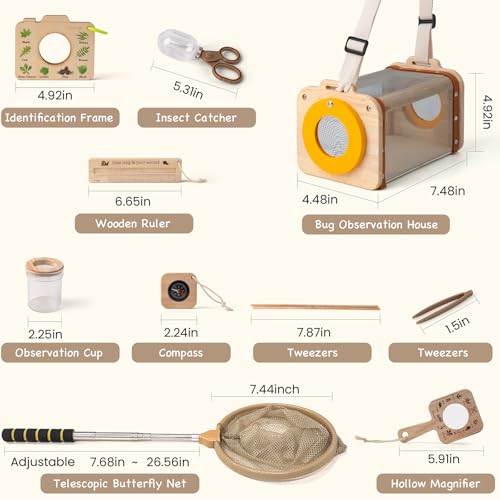 Bug Catching Kit for Kids Ages 3-14, 11PCS Wooden Nature Explorer Set with Butterfly Net, Bug Habitat, Magnifying Glass and Outdoor Insect Tools, Catch-and-Release STEM Educational Toy Gift