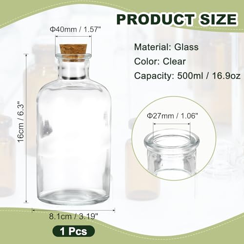 PATIKIL 500ml Glass Reagent Bottle with Wood Stopper, Narrow Mouth 16.9oz - size: 16.9 Ounces