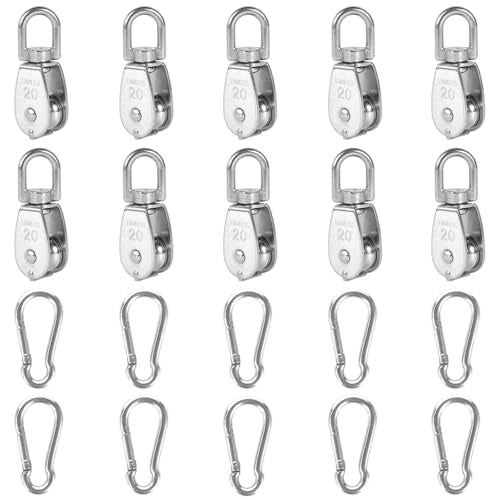 10x 304 Stainless Steel M20 Single Swivel Rope Pulley Blocks w/Snap Hooks - size: M20-10pcs