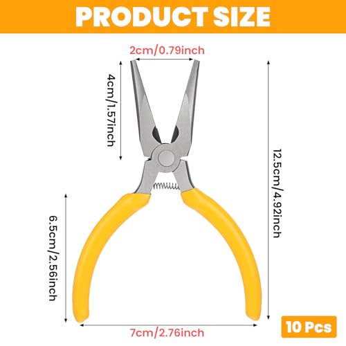 10 Pack 5" Needle Nose Pliers, Long Nose Pliers Set with Side Cutter, Mini Fine Needle Nose Pliers with Serrated Jaw, Precision Small Needle Nose Plier for Jewelry Making/Electronics/Craft - color: Yellow