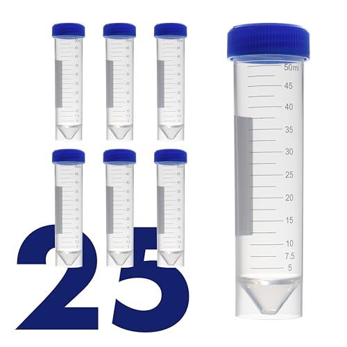 Kashi Scientific 50mL Self Standing Centrifuge Tubes with Screw Cap Lid, Lab Grade Polypropylene Plastic, Skirted, Printed Graduation, Write-on Spot [50mL Self-Standing, 25] - size: 50mL Self-Standing, Sterile