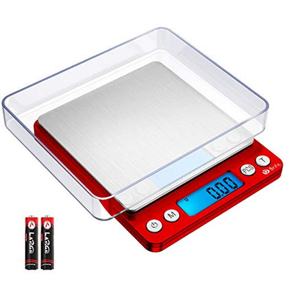 AMIR Upgraded Digital Kitchen Scale, 500g Mini Pocket Jewelry Scale, Cooking Food Scale with Back-Lit LCD Display, 2 Trays, 6 Units, Auto Off, Tare, Stainless Steel (Batteries Included) - color: Red