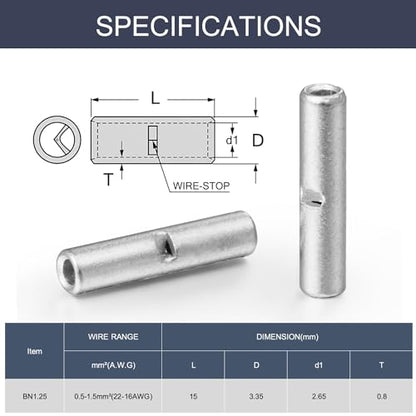 Chanzon 120pcs 22-16AWG Non Insulated Butt Connectors BN1.25 - size: 22-16 Gauge