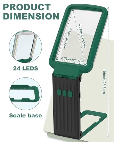 15X Magnifying Glass with Light and Stand, Rechargeable Folding Handheld Real Glass Magnifier, 3 Color Modes Dimmable Lighted Page Magnifying Sheet for Seniors Low Vision Small Prints - Green Black - color: Green-black