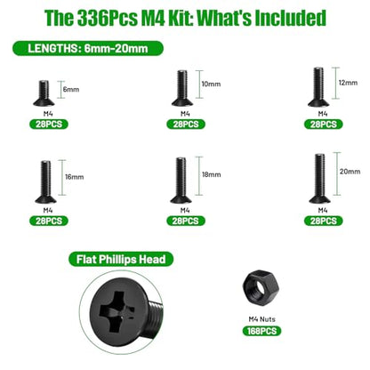 336 Pcs Black M4 Flat Head Machine Screws and Nuts Bolt Kit - size: 336Pcs M4*6/10/12/16/18/20mm-Flat