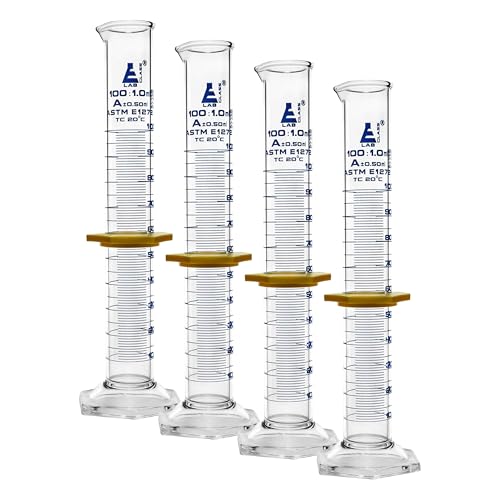 Graduated Cylinder, 100mL - ASTM, Class A Tolerance ±0.50mL - Protective Collar, Hexagonal Base - Blue Graduations - Borosilicate 3.3 Glass - Eisco Labs (Pack of 4) - size: 100mL (Pack of 4)