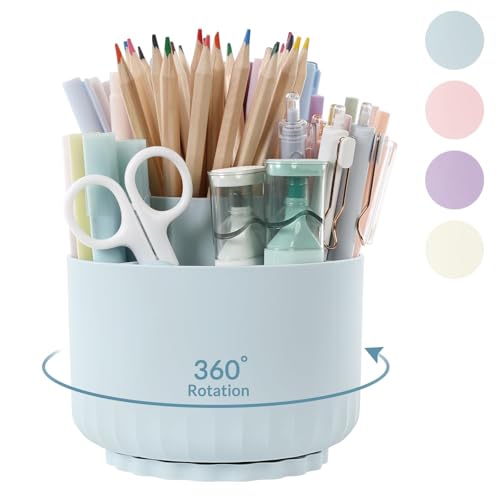 SKYDUE 360 Degree Rotating Desk Organizer, Dual-Purpose Pencil Pen Holder for Desk, Rotating Pencil Cup with 5 Slots, Office Supplies, Desk Decor for Office, School, Home - color: Blue