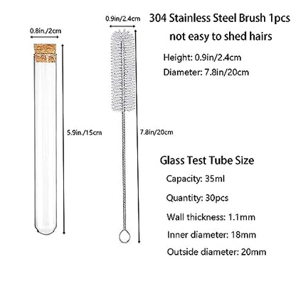 30pcs 35ml Glass Test Tubes 20 x 150mm with Cork Stoppers and Brush for Scientific Experiments and Plant Propagation Test Tubes - size: 20X150mm/35ml 30pcs