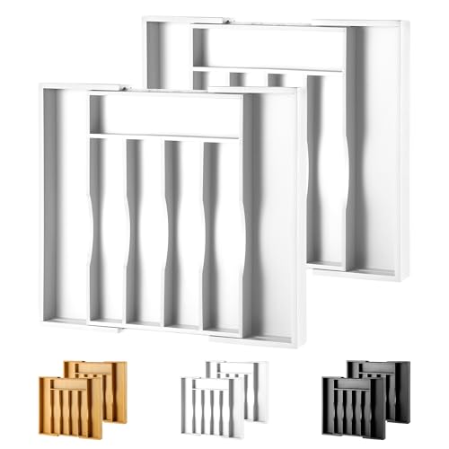2-Piece Expandable Bamboo Kitchen Drawer Organizer for Cutlery and Utensils, Adjustable Bamboo Wood Cutlery Tray in Drawer for Flatware and Silverware in Kitchen, (White) - color: White, size: 7 Slots Expandable-2Pack