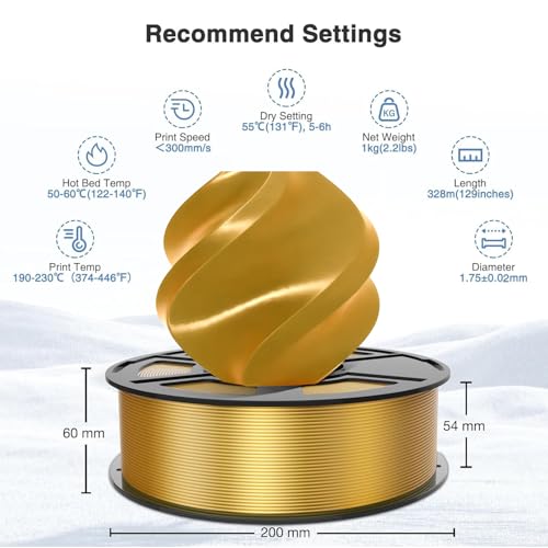 Silk PLA Filament 1.75mm,3D Printer Filament with a Metallic Glossy Finish, Dimensional Accuracy +/- 0.02 mm, 1kg Spool(2.2lbs) Fits for Most FDM 3D (A-Silk Gold Pla) - color: A-silk Gold Pla