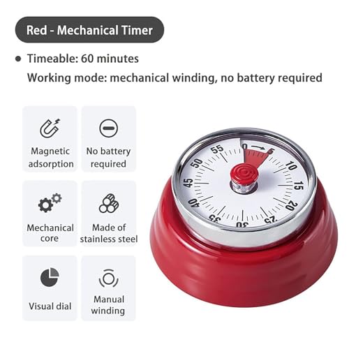 Elegant Stainless Steel Vintage Kitchen Timer with Magnetic Attachment - 60-Minute Countdown & Audible Alarm, Perfect for Cooking, Office Tasks, and Study Sessions (01-red) - color: 01-red
