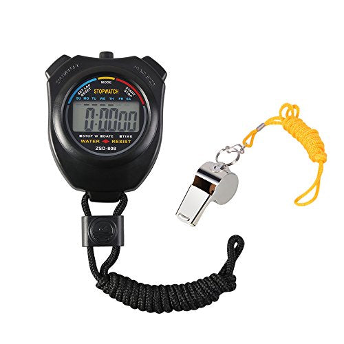 Vicloon Stopwatch Timer, Lap Split Digital Stopwatch with Stainless Steel Whistle, Large Display Digital Stopwatch Timer Suitable for Football, Basketball, Running, Swimming, Fitness (Black) - color: Black