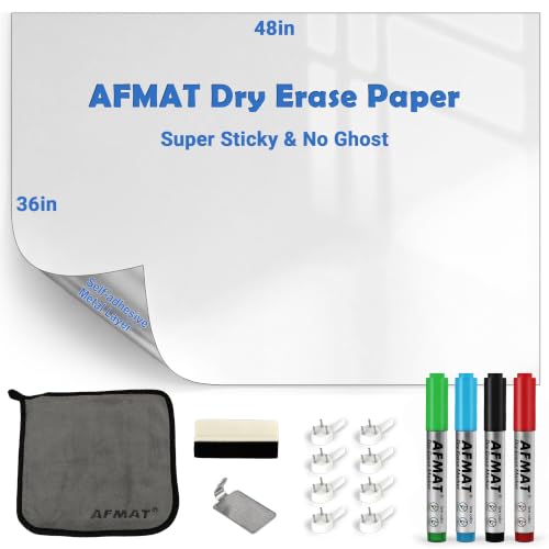 AFMAT Dry Erase Board Sticker, 48 x 36 inches White Board Wallpaper, Dry Erase Sticker for Wall, 4' x 3' Peel and Stick Whiteboard Contact Paper, Adhesive Whiteboard Roll, No Ghost, 3 Markers WS23 - size: 48"W x 36"H