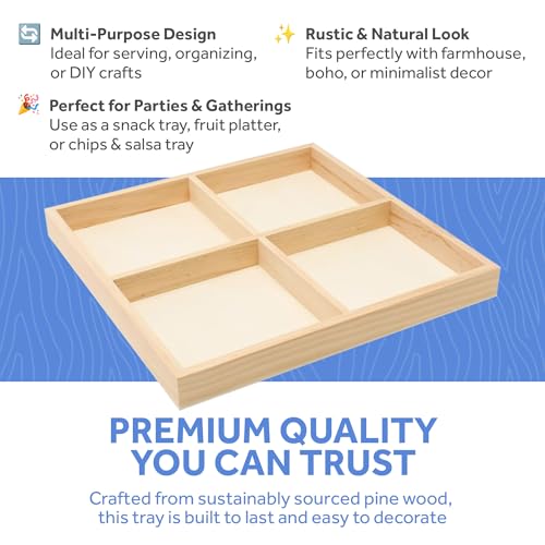 DIY Square Wooden Divided Serving Tray 10 x 10-inch, Pack of 5 4-Section Candy Tray for Vegetable & Fruit Party Platters, by Woodpeckers - size: 10" x 10" 4 Part