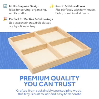 DIY Square Wooden Divided Serving Tray 10 x 10-inch, Pack of 5 4-Section Candy Tray for Vegetable & Fruit Party Platters, by Woodpeckers - size: 10" x 10" 4 Part