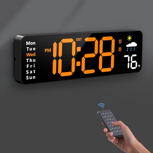 Digital Wall Clock, Digital Clock Large Display with Remote Control, Corded LED Alarm Clocks with Date, Week, Temp, Humidity, Auto DST, Countdown, for Living Room Bedroom Classroom Office (Orange) - color: Orange