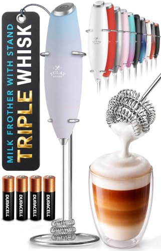 Zulay Kitchen Powerful Milk Frother Wand With Duracell Batteries - Ultra Fast Handheld Drink Mixer - Electric Whisk Foam Maker for Coffee, Lattes, Cappuccino & Matcha - Triple Whisk - Pale Cloud - color: 09 - Cloud, size: Triple Whisk + Batteries