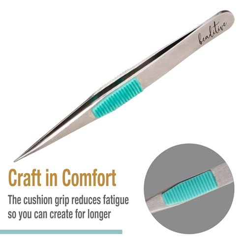 Beaditive High Precision Heavy-Duty Tweezers With Cushion - 4.7" Craft Tweezers for Sewing, Beading & DIY Crafts - Non-Serrated, Fine Point Tips - Stainless Steel Needle Nose Hobby Tweezers (Teal) - color: Teal
