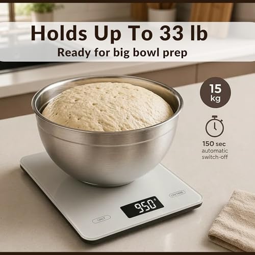 Extra Large Food Scale Grams and Ounces - Digital Food Scale with Countertop Stand – Tempered Glass Kitchen Scales with Backlit LCD, Multiple Units – 33LB/15KG Capacity and Auto Off Function