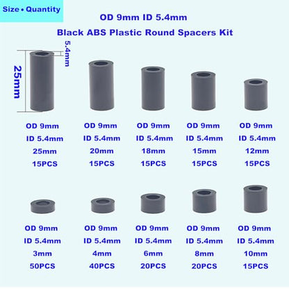 OD 9mm ID 5.4mm Black ABS Unthreaded Round Spacers for M5 Screw Kit - size: OD 9mm ID 5.4mm