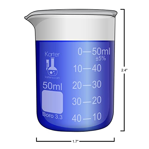 50ml Beaker, Low Form Griffin, Borosilicate 3.3 Glass, Double Scale, Graduated, Karter Scientific 213D31 (Single) - size: 50ml, style: Pack of 1