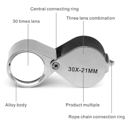 QiCheng&LYS Jeweler Pocket Loupe Magnifier, 30X Glass Lens Magnifying Glass for Jewelry, Coins, Stamps,Antiques and More (Silver)…