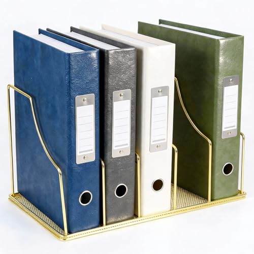 Gold Binder Organizer for Desk, 5 Slot Metal Wire Vertical File Sorter with Mesh Bottom, Large Desktop Magazine Holder Rack for 2 Inch Binders, Medical Coding Books, Vinyl Records, 12.1" - color: Gold